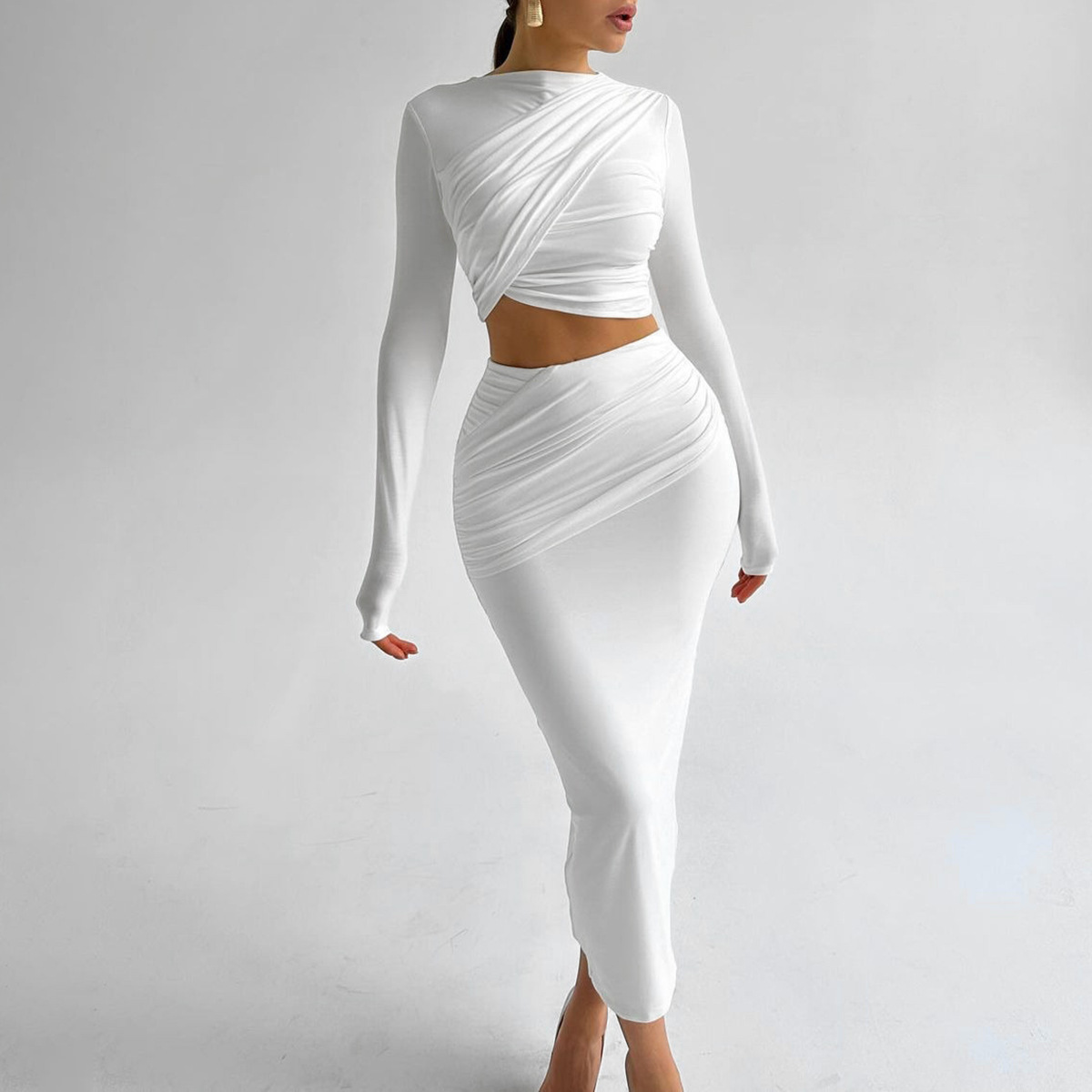 European American Style Women's Clothing 2024 Autumn And Winter New Foreign Trade Round-neck Long-sleeve Crop Top_ecoleips.com