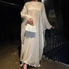 跨境外贸女装服饰简约珍珠星空外裙优雅连衣裙长袍