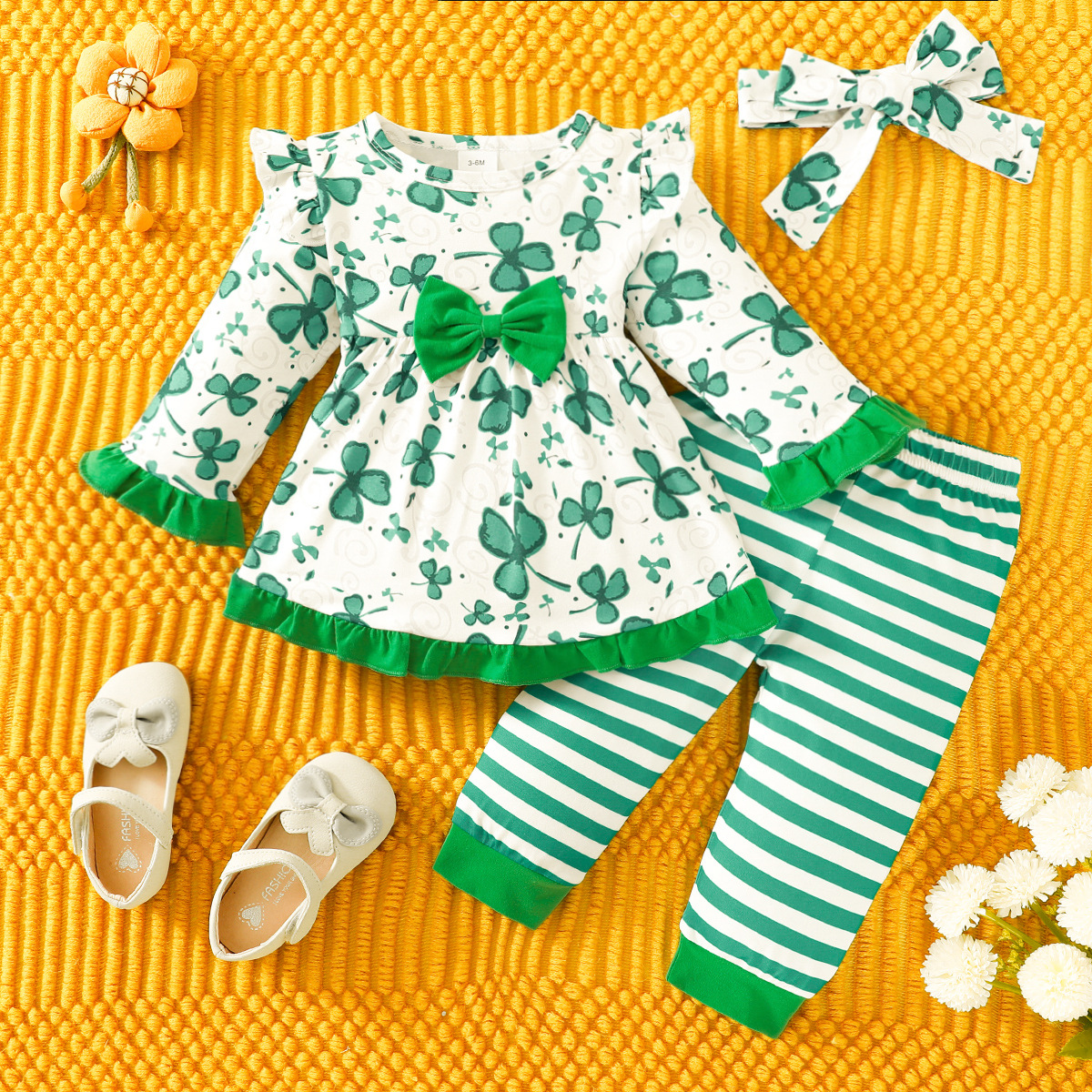 St. Patrick Cute Pastoral Shamrock Stripe Polyester Girls Clothing Sets display picture 1