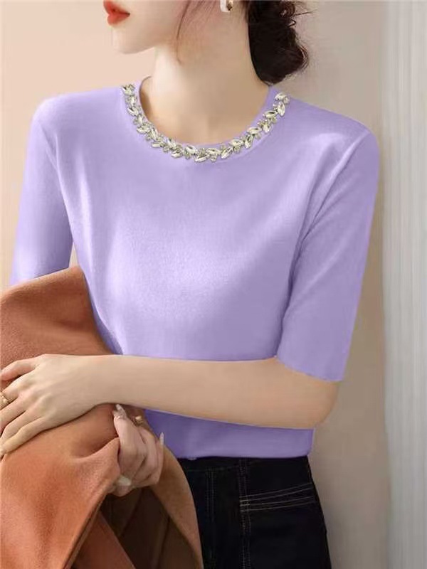 Áo thun cổ tròn ngắn tay nữ phối đính cườm phong cách Hàn Quốc — đen