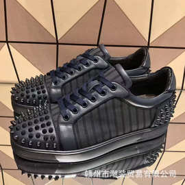 cl andgz男鞋墨蓝色条纹头尾铆钉低帮红底鞋情侣休闲平底板鞋女鞋