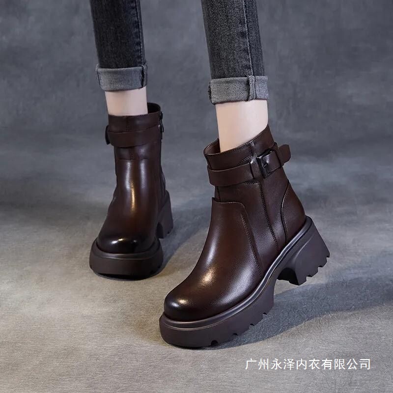 Soft Leather Thick-Soled Boots for Women in Autumn and Winter New Style Small High-Heeled Side Zipper Short Belt Buckle Motorcycle Short Boots