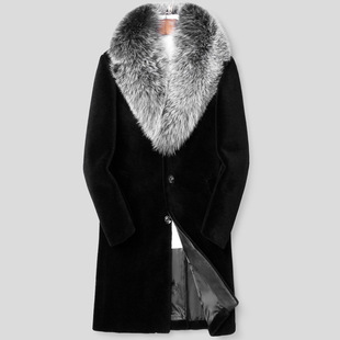 Imitation Mink Fur Coat Men's Long Leather Coat Imitation Fox Fur Collar Thick Fur Coat Trendy Black Silver Grey