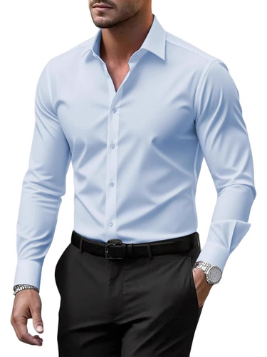 Long-sleeved pure color button-down business shirt for men, large size, wrinkle-resistant, casual wear, elastic