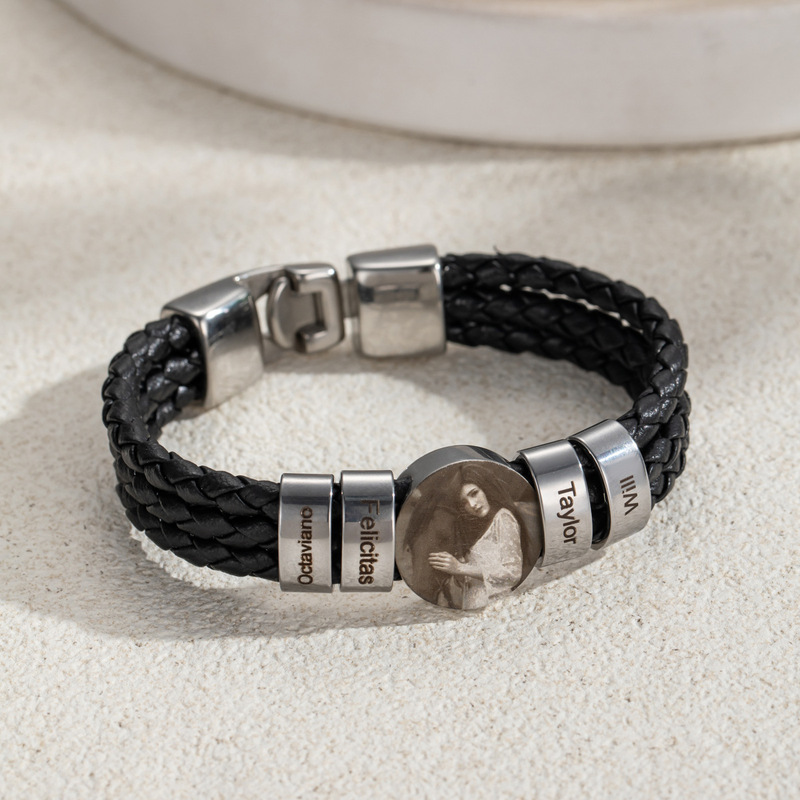European and American Personalized DIY Braided Bracelet Men's Retro Multi-Layer Stainless Steel Engraving Heat Transfer Photo Bracelet