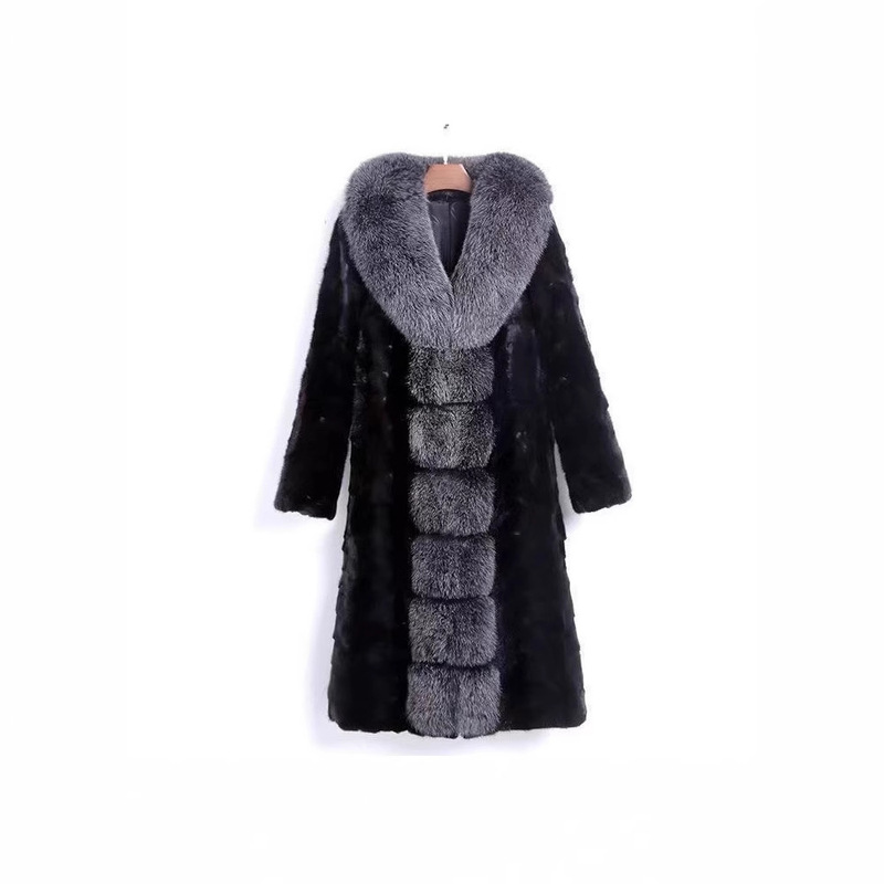 New Imported Mink Coat with Whole Leather Fox Fur Collar, Long Slim Fit with Real Mink Fur