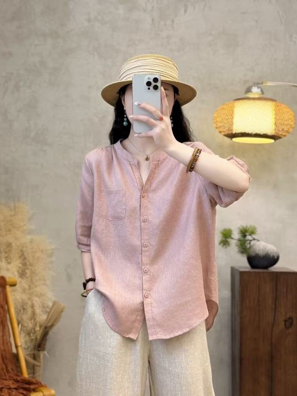 リネン半袖ピュアシャツシングルブレストスリムシャツ夏の新しい女性のためのゆったりとした多用途カーディガン|undefined