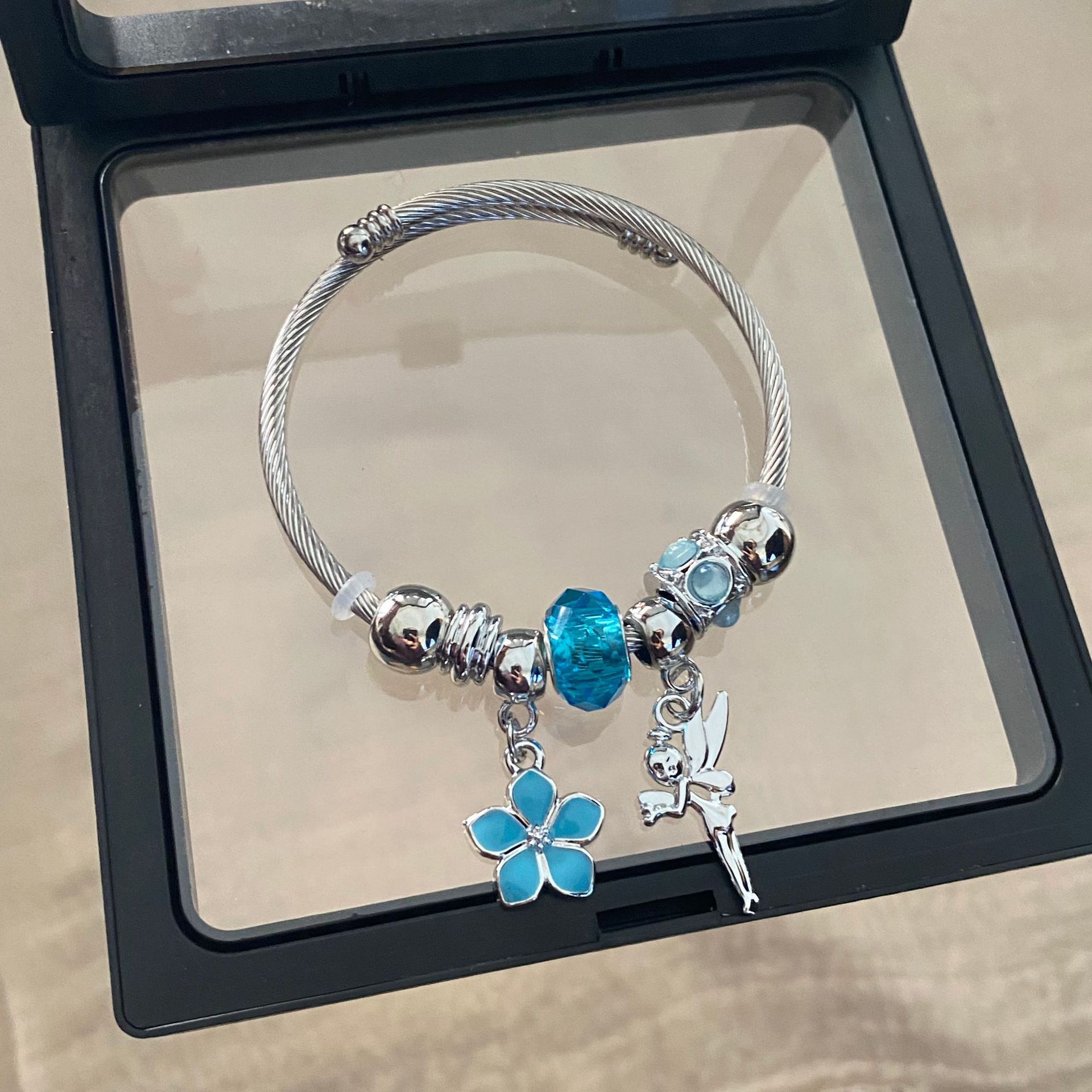 Pulsera de Acero Inoxidable Panjia Dora con Corazón y Oso, Pulsera Abierta con Cuentas para DIY, Joyería de Estilo Fresco, Éxito de Ventas en Amazon