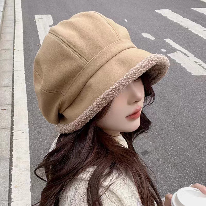 Sombrero de otoño e invierno sombrero de pescador femenino forrado de vellón japonés a prueba de frío protección auditiva Internet celebridad sombrero de cuenca casual lana de cordero boina octogonal