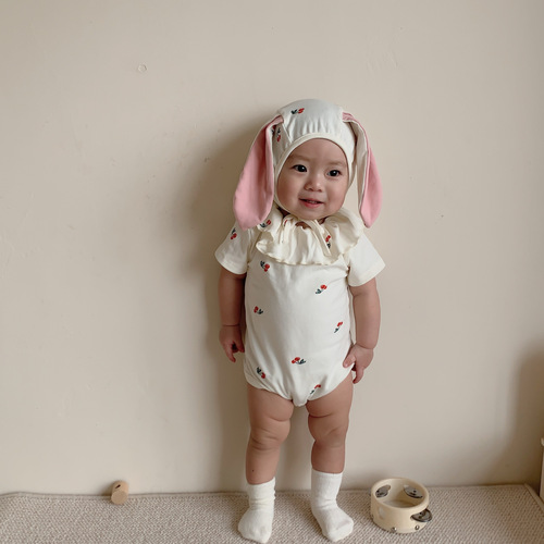 2024 new baby jumpsuit suit ins Korean version cherry print cute rabbit shape romper and hat