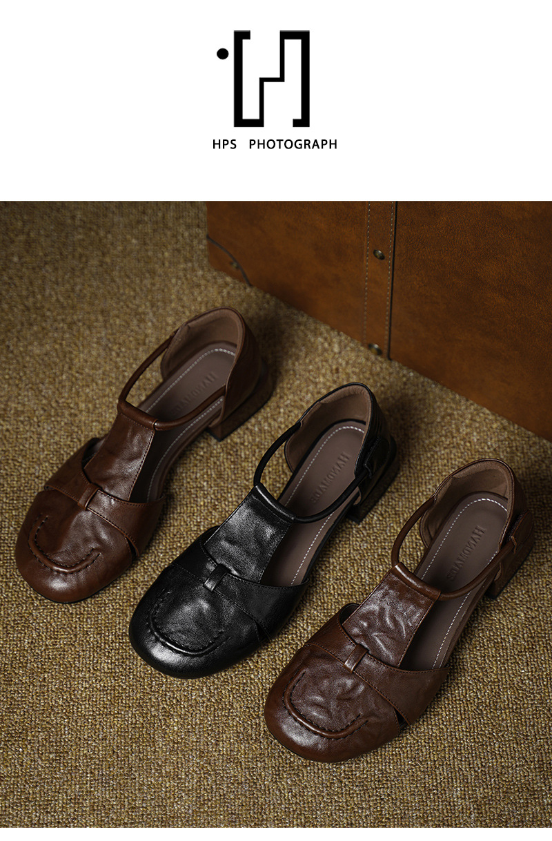 Dép sandal nữ da bò kiểu retro quai chữ T, mũi kín, gót thấp — màu nâu chi tiết 11