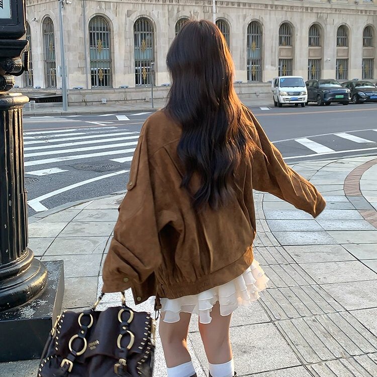麂皮绒机车外套2025秋季复古美拉德休闲宽松慵懒翻领廓形感夹克女|undefined
