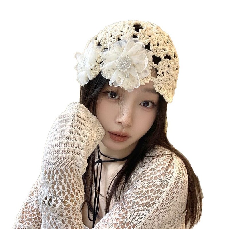 新しい日本製の薄い手作りかぎ針編みパイル帽子女性のための春と夏のレースの花ファッショナブルな包頭帽子レース|undefined