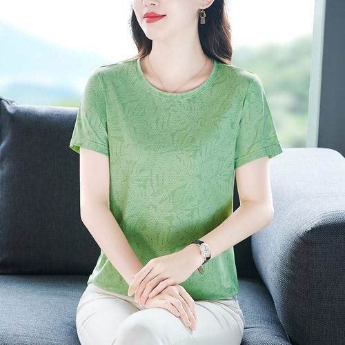100% high-quality mom's round collar, short-sleeved T-shirt, women's summer new printed fashion casual sports shirt, large size