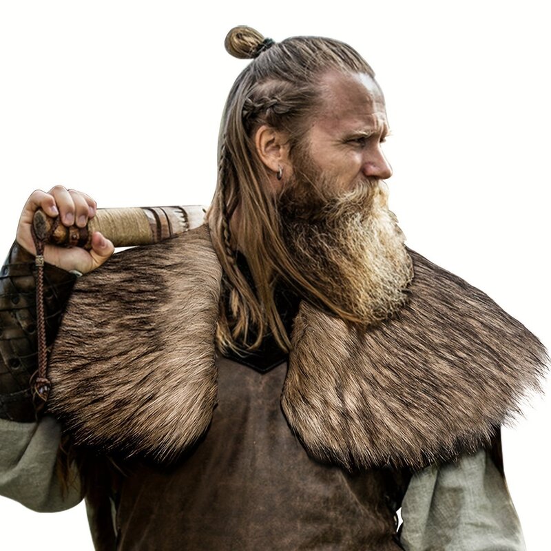 Men's Viking Faux Fur Cape Shawl Medieval Warrior Furry Halloween Costume with Fur Collar