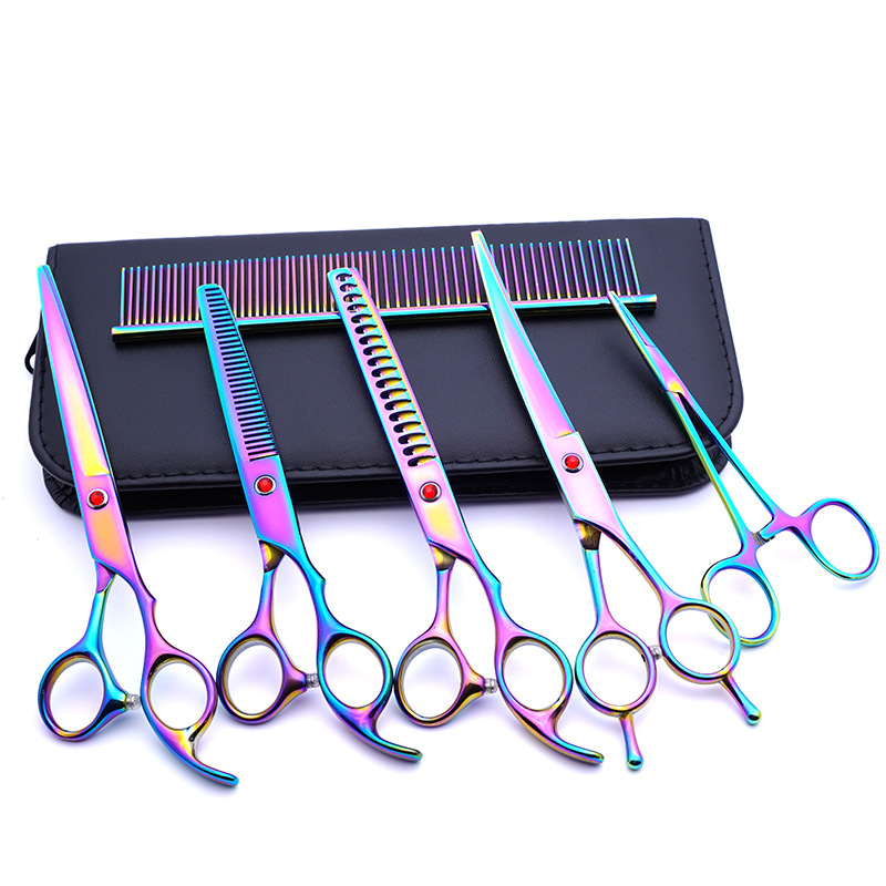 Fabricante de juegos de tijeras para mascotas, tijeras de peluquería canina al por mayor de 7 pulgadas, suministros morados para perros.