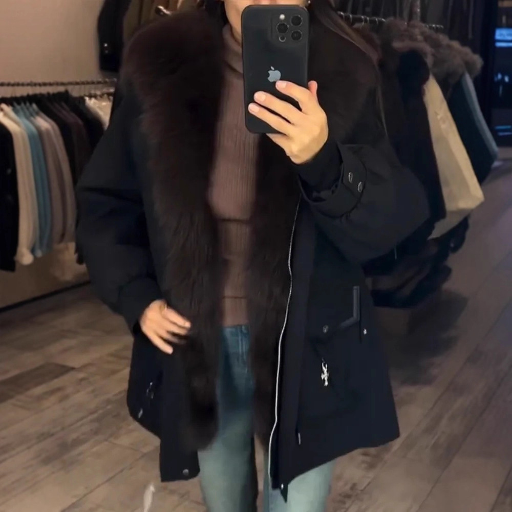 2025跨境新款狐狸毛领西装领皮草外套女冬季白鸭绒派克服羽绒