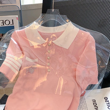 粉色小狗印花短袖针织衫女夏季2022新款设计感polo领撞色上衣薄款