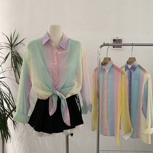 欧玛莱 彩虹雪纺衬衫女夏季新款长袖开衫上衣薄款防晒衫批发3097