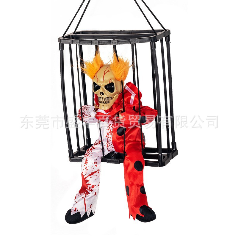 Halloween colgar fantasmas juguetes de jaula de prisioneros fantasmas luminiscentes eléctricos sonidos se pueden colgar y llevar fantasmas de jaula de payaso