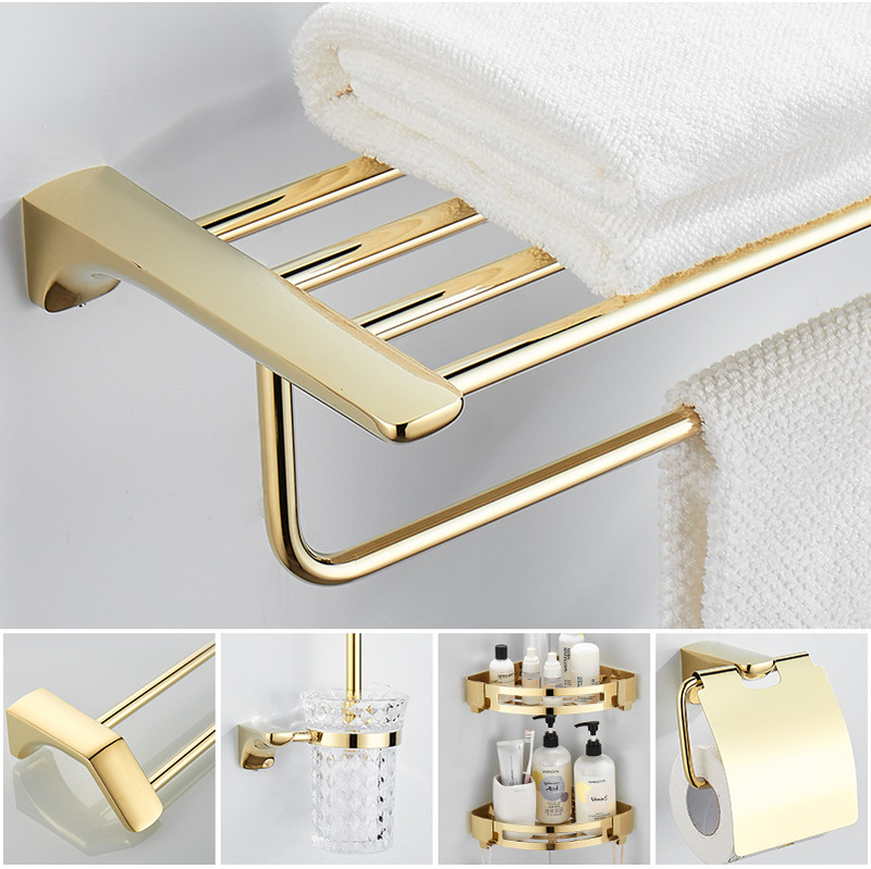 Stainless Steel Gold Towel Rack, No-Drill Bath Towel Rack, Hardware Accessories, Bathroom Five-Piece Set, Bathroom Storage