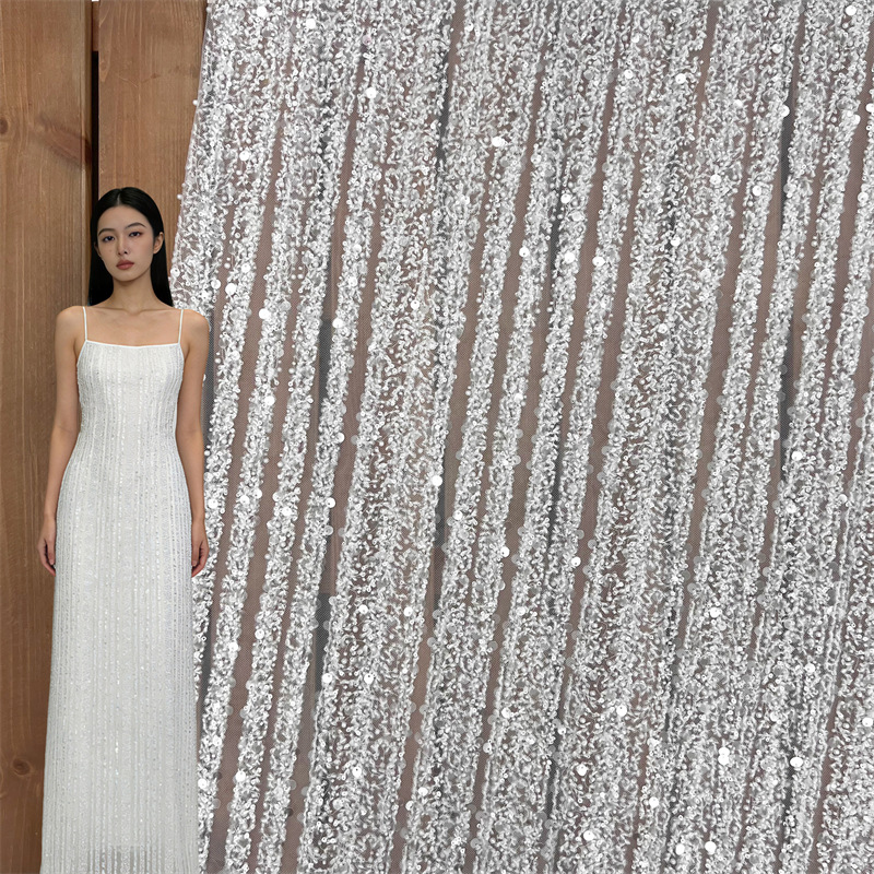 industria pesada vertical clavos de perlas sequinilla tela de malla blanco de hadas vestido de boda ropa de rendimiento tela en stock