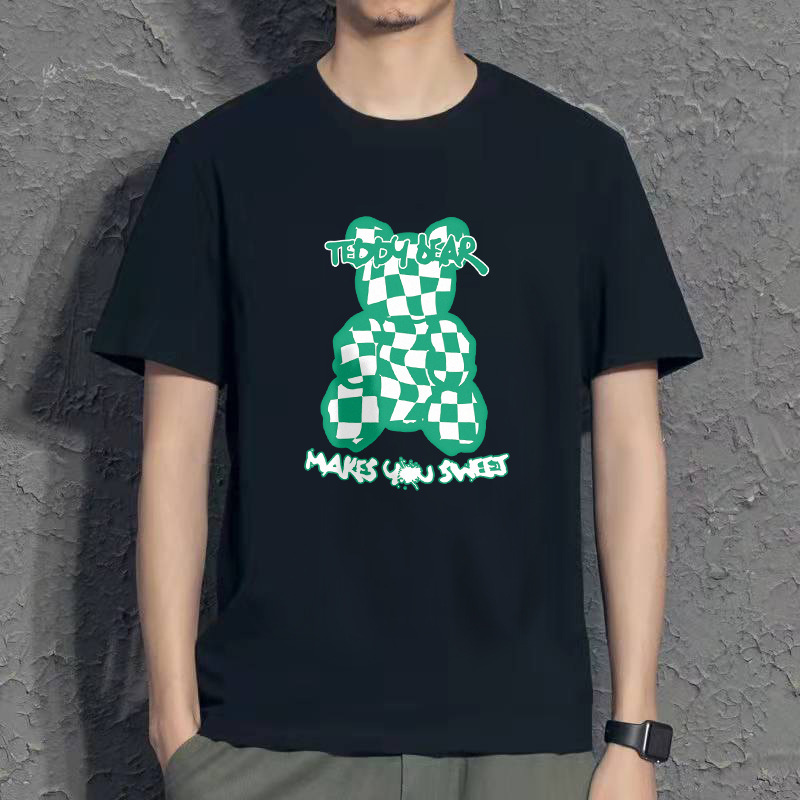 时尚港风夏装 棋盘格小熊印花情侣短袖T恤宽松半袖 H719 P30女类