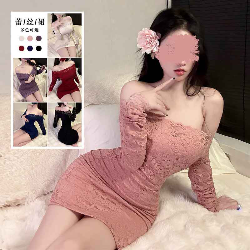 Douyin's New Sexy Pure Lust Style Lace Elegant One-Shoulder Dress Feminine Tight Hip-Hugging Short Skirt 666