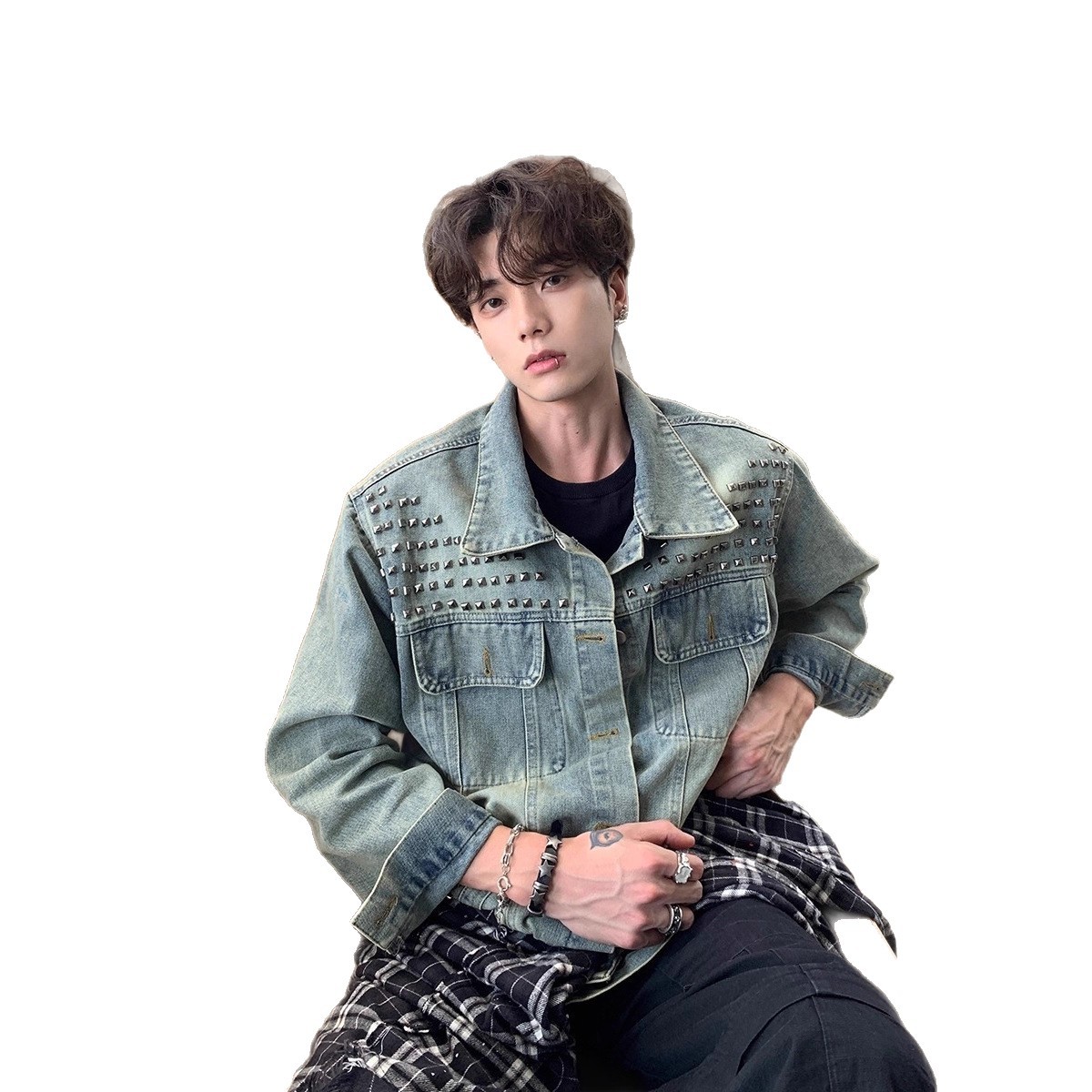 Jeansjacke im Retro-Look mit Nietenmuster und Revers, lockere, lässige und vielseitige Herrenjacke_voghion.com