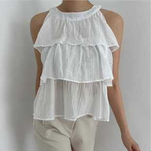 Summer French Style Sexy Chic Beautiful Neck Chiffon Shirt Women's Design Sense Minimization Western Style Ruffled Sleeveless Top