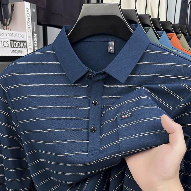 Source Factory Spring Clothing for Men: Long-Sleeve T-Shirt with Collar, Real Pocket Tops for Middle-Aged and Elderly Men, Striped Polo Shirt