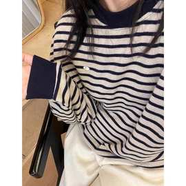 韩系复古条纹圆领针织套头毛衣女2024秋冬新款休闲宽松针织卫衣女