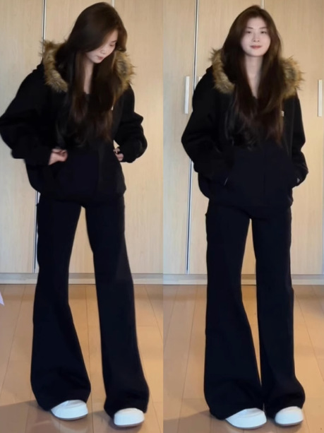黑色显瘦毛领连帽长袖卫衣女2025秋季美式高街慵懒风外套开衫上衣|undefined