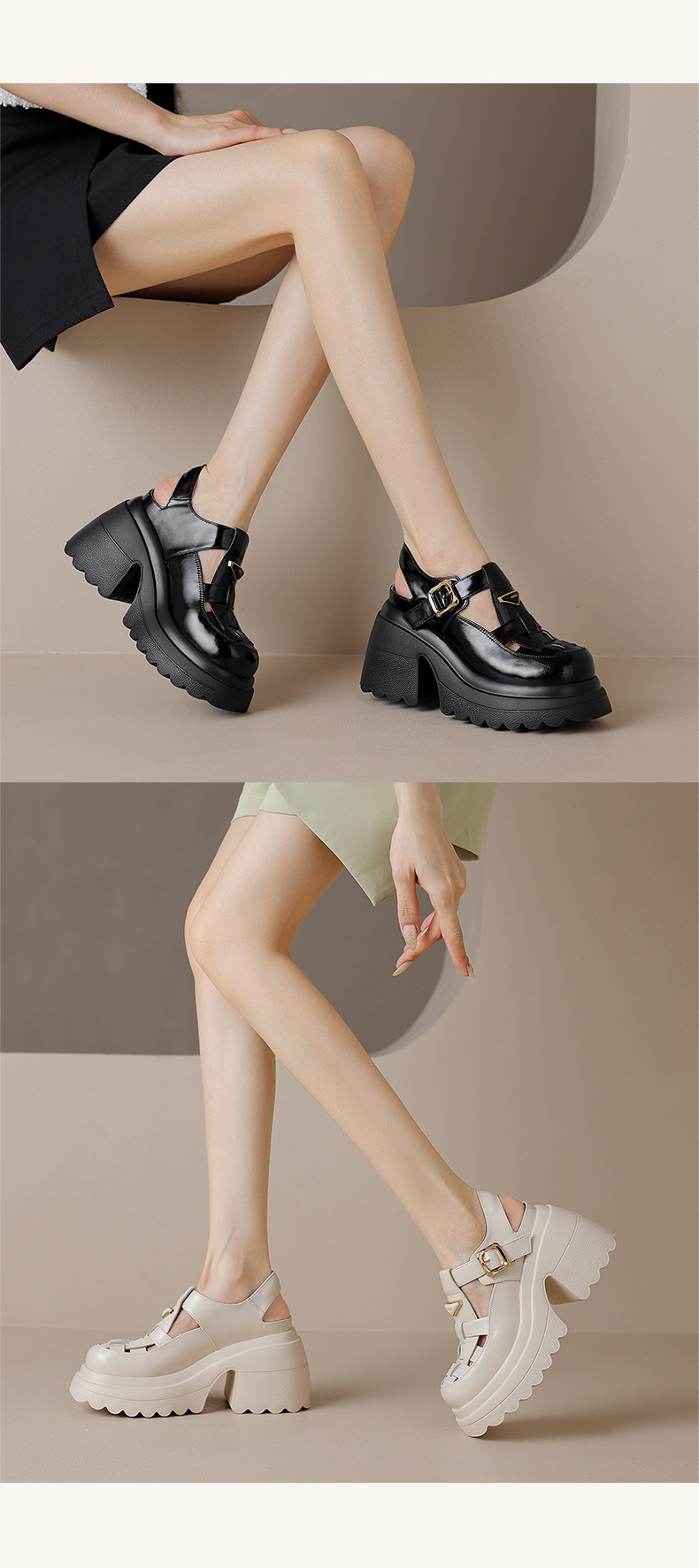 Sandal bít mũi đế độn cao 10cm phong cách La Mã dệt kim hở gót cho nữ — Màu be, Màu đen chi tiết 8