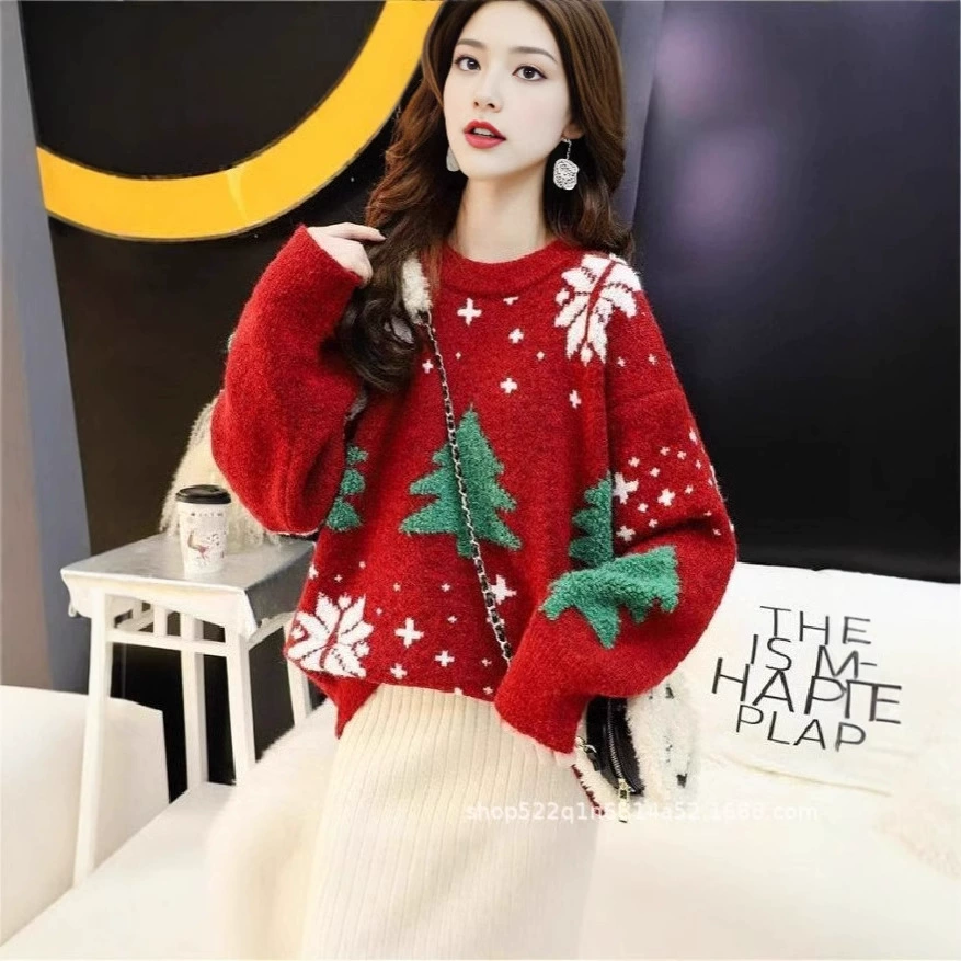 Рождественский свитер девушка платье осень и зима новый округлый воротник толстый, свободный, тонкий, носить вязаный топ оптом