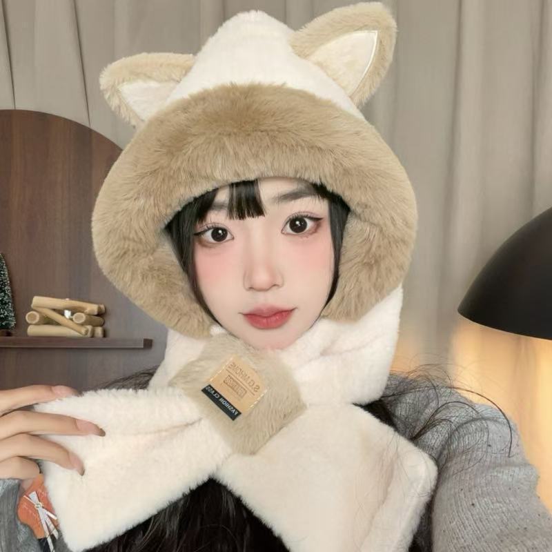 毛绒绒狐狸耳朵帽子女冬季保暖围脖防寒冬天护耳围巾一体帽二件套|undefined