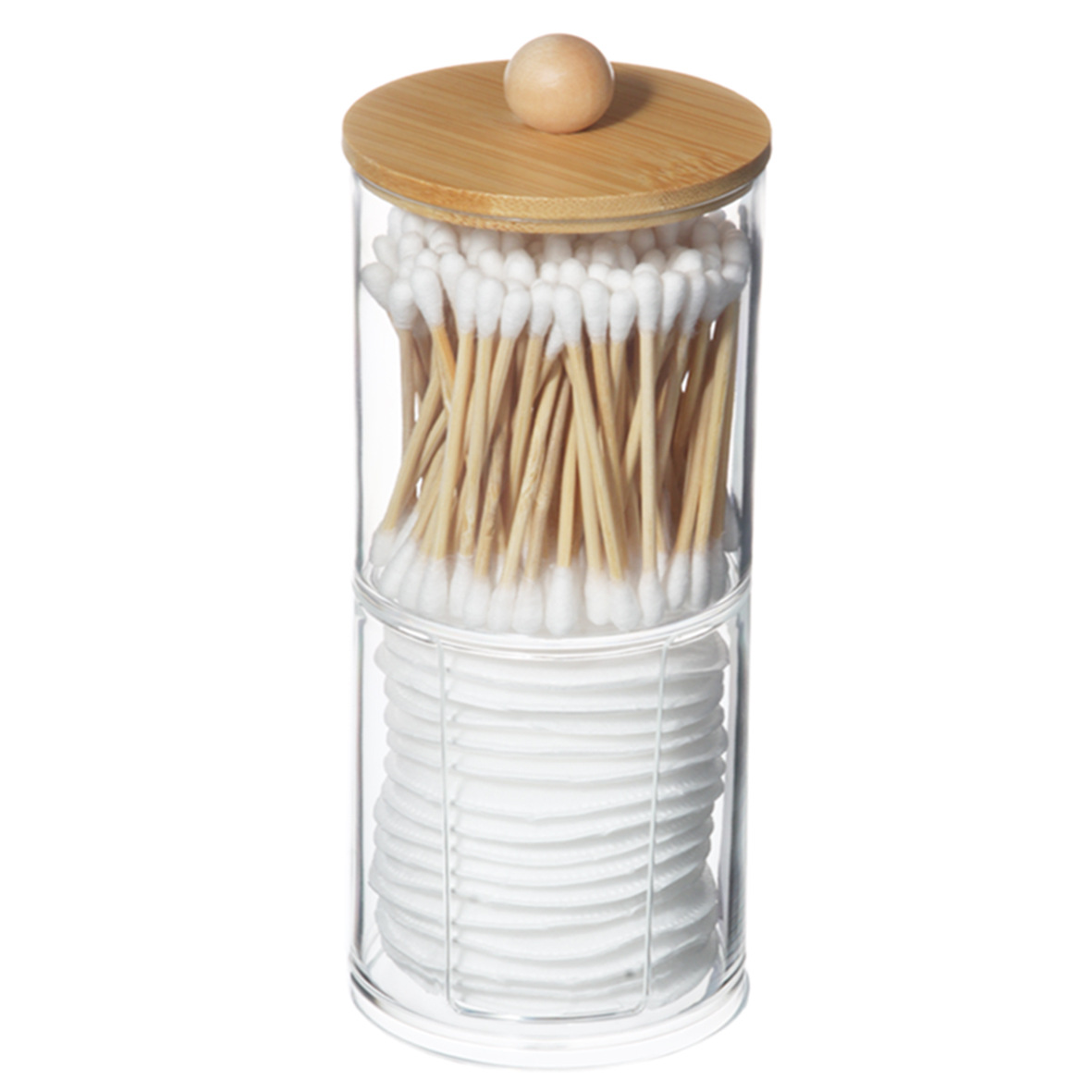 Acrílico contenedor redondo portátil caja de almacenamiento de soplo de algodón cosmético algodón hisopo removedor de maquillaje caja de almacenamiento de superposición de algodón