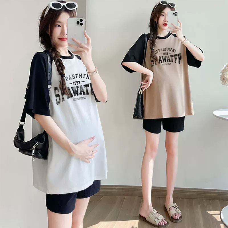 Maternity Wear White High-End Short-Sleeved T-Shirt Set Summer Unique and Chic English Letter Korean Style Loose Top Maternity Wear White High-End Short-Sleeved T-Shirt Set Summer Unique and Chic English Letter Korean Style Loose Top
