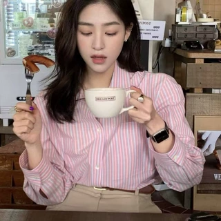 韩系设计感小众粉色条纹衬衫女2026早秋法式长袖衬衣别致气质上衣