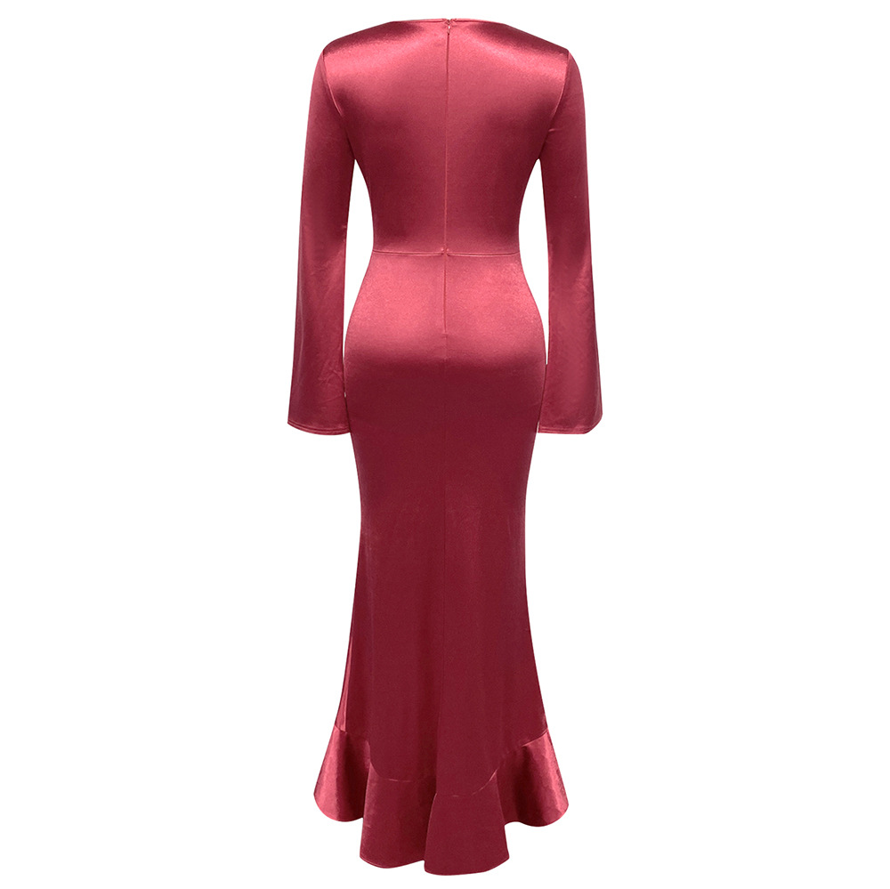 V neck Pleated Irregular Asymmetric Design Long Sleeve Dress Dinner Dress
