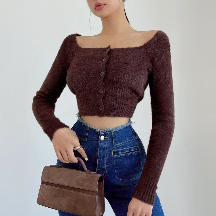 2025 Autumn New Elegant Pure Desire Wide Collar Single-Breasted Solid Color Slim Fit Plush Cropped Knit Cardigan Top