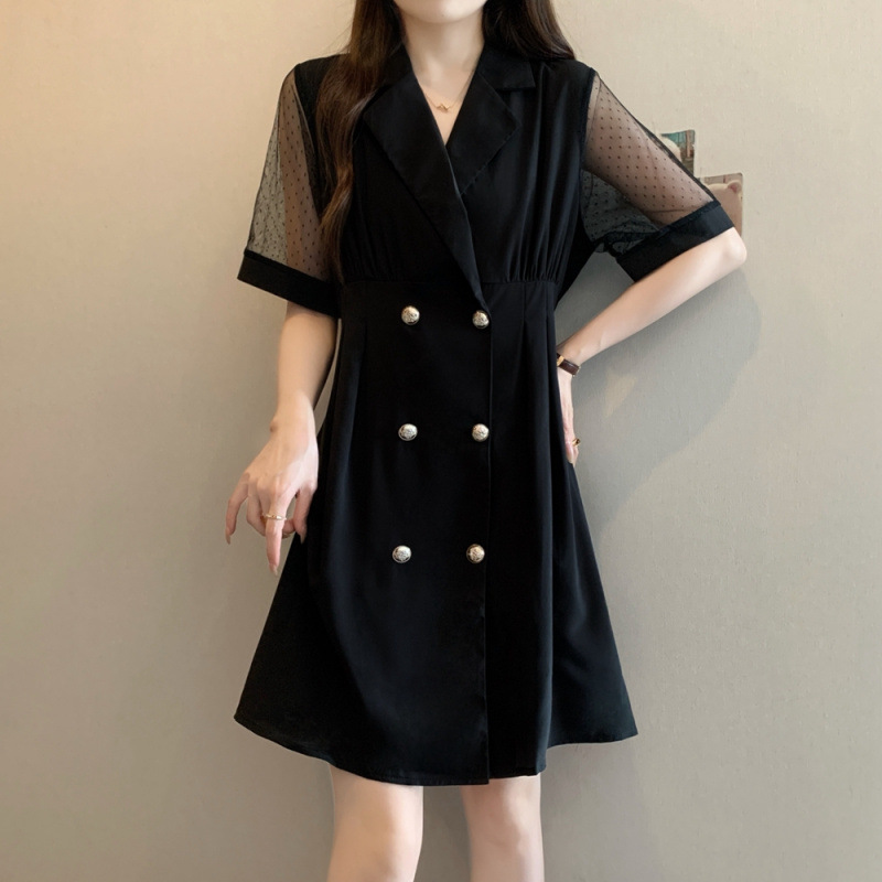 实拍夏装新款大码女装气质网纱拼接收腰西装胖MM连衣裙M-4XL200斤