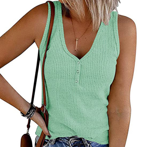  Amazon Summer New Cross-border Women's Fashion Knitted Vest with Buttons, Solid Color V-neck Sleeveless Top for Women
