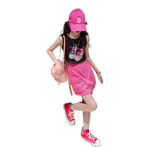 Girls' Vest Workwear Skirt Suit  Summer New Korean Version Medium and Large Children's Style Sleeveless T-Shirt Short Skirt Trendy