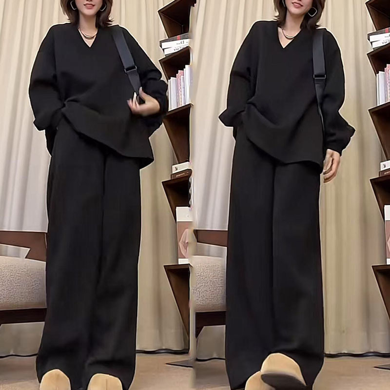 慵懒风时尚气质套装女秋冬新款韩版宽松大码高级感阔腿裤两件套厚|undefined