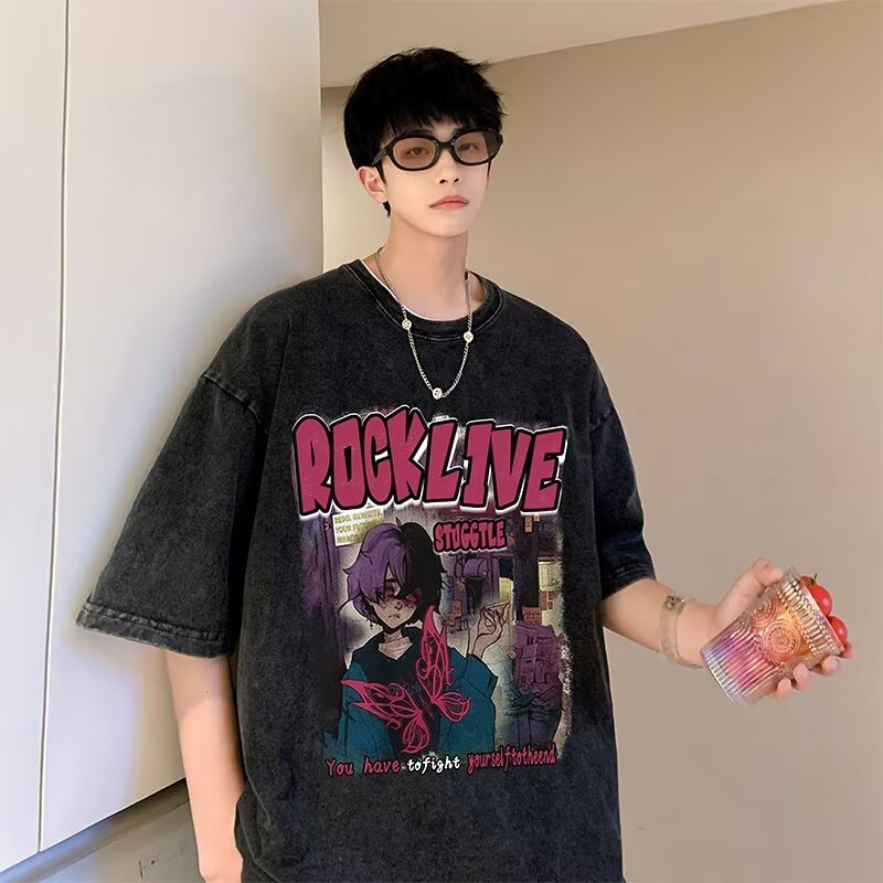 Camiseta de manga corta de algodón de la marca de moda de la calle alta estadounidense para hombres verano retro marea casual lavado viejo media manga guapo camiseta