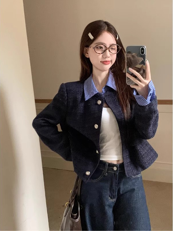 韩系假两件拼接翻领小香风外套女秋季新款宽松休闲短款夹克上衣潮|undefined
