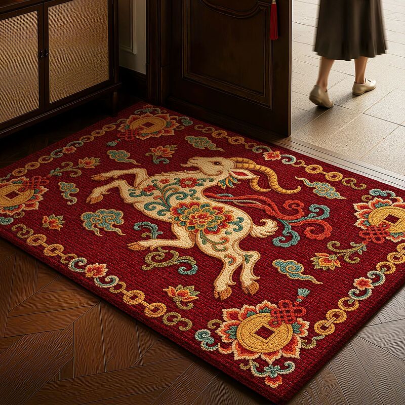 Year of the Sheep doormat, red and festive, for the entrance, non-slip, easy to clean, available for immediate shipment Year of the Sheep doormat, red and festive, for the entrance, non-slip, easy to clean, available for immediate shipment