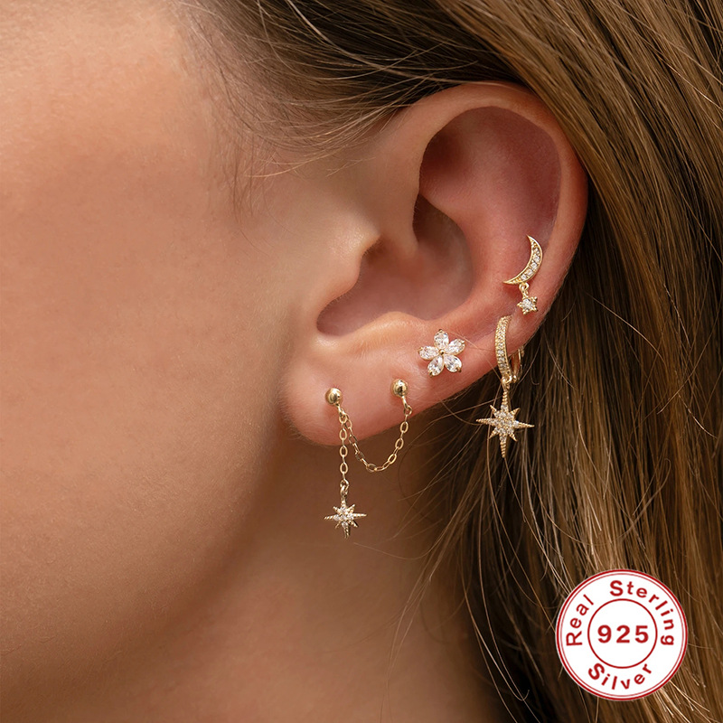 S925 plata de ley nueva mezcla y combinación de cadena colgante de doble desgaste pendientes pendientes personalizados estilo INS pendientes colgantes de estrella de ocho puntas