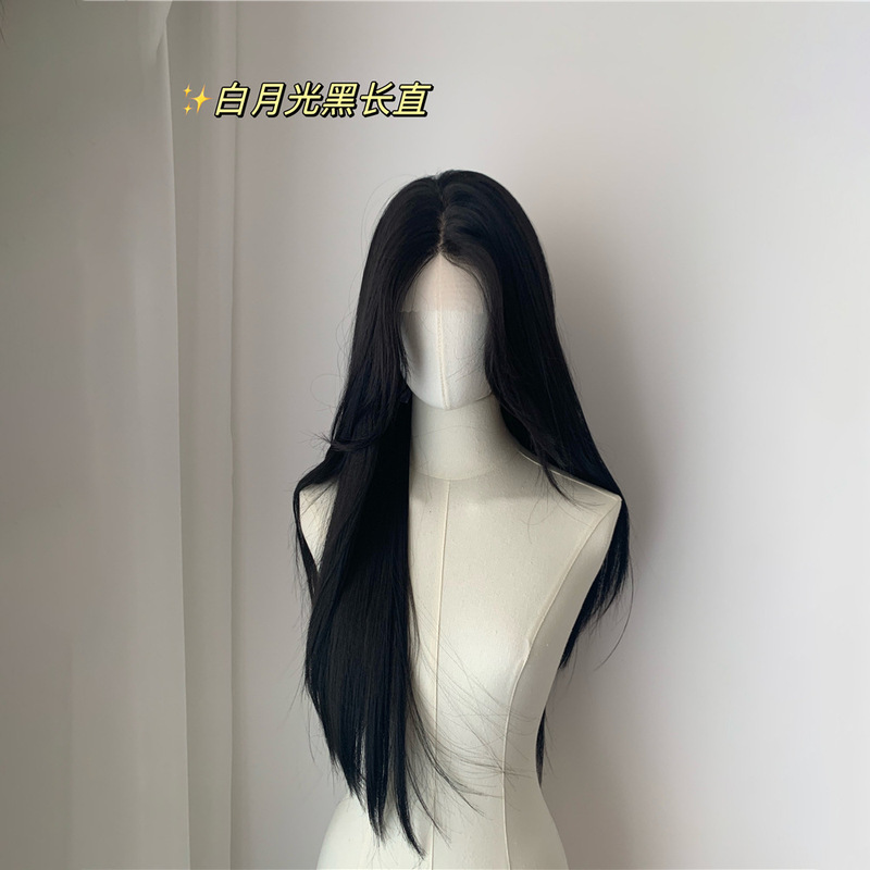 Wig Female Forehead Lace White Moonlight Black Long Straight Natural Fluffy Bangs Long Hair Straight Hair Universal Cos Full Headgear